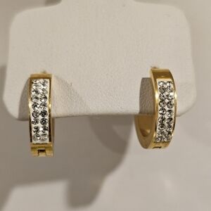 Gold Plated Hoop Earrings Eith Rhinestone , Stainless Steel